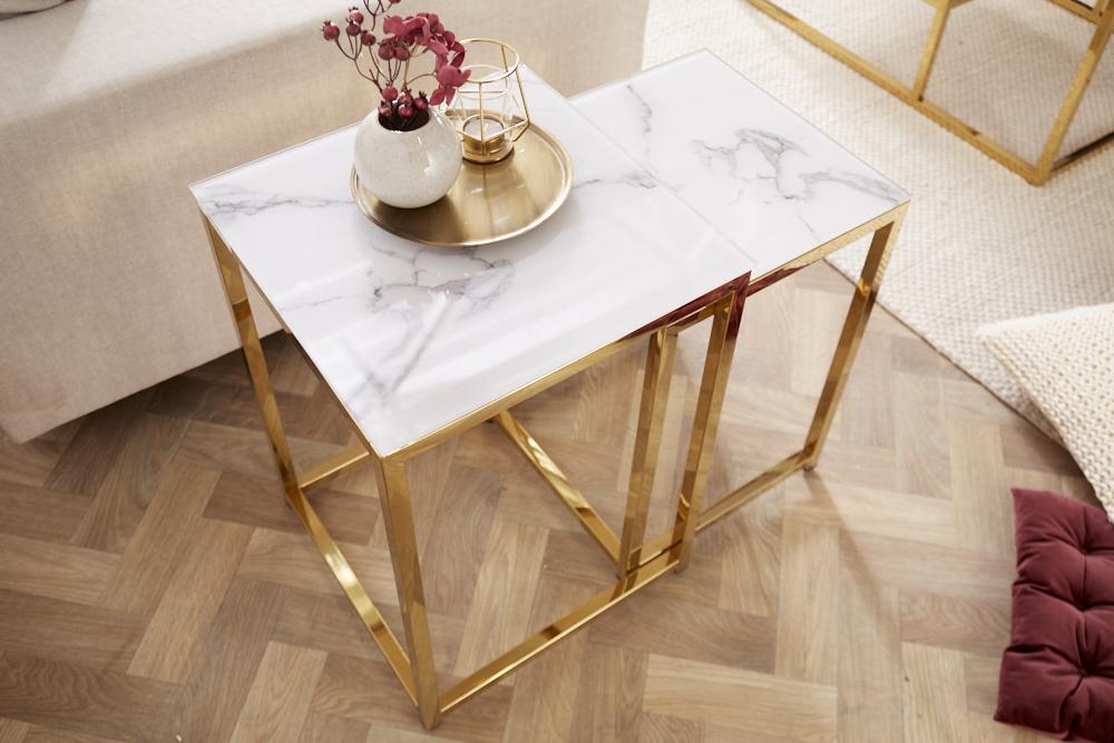 Dizajnová sada 2 príručných stolíkov ELEGANCE 40 cm, mramorový dekor, zlatá