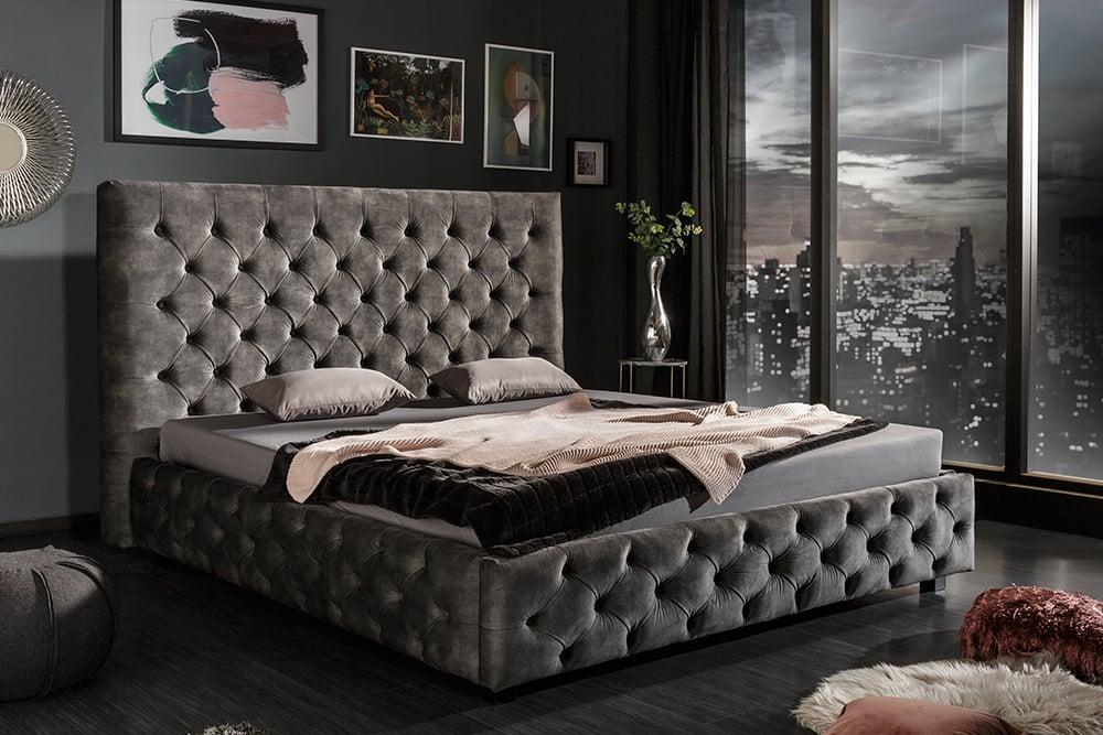Elegantná manželská posteľ PARIS 180x200 cm šedá olivová zamat v prevedení Chesterfield