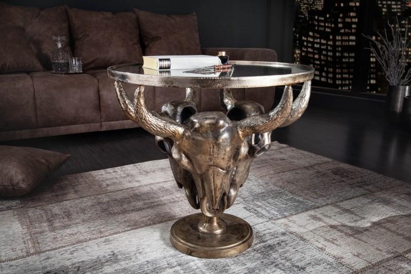 Extravagantný konferenčný stolík MATADOR 56 cm býčia hlava so sklenenou doskou, bronzový