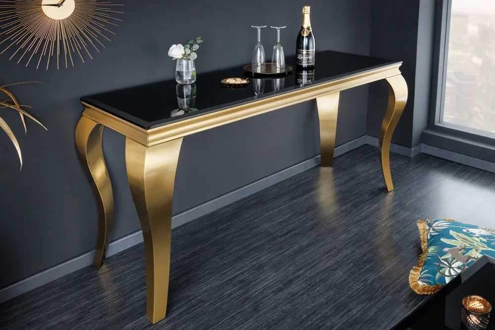 Elegantný konzolový stolík MODERN BAROQUE 145 cm čierny, zlatý, opálové sklo