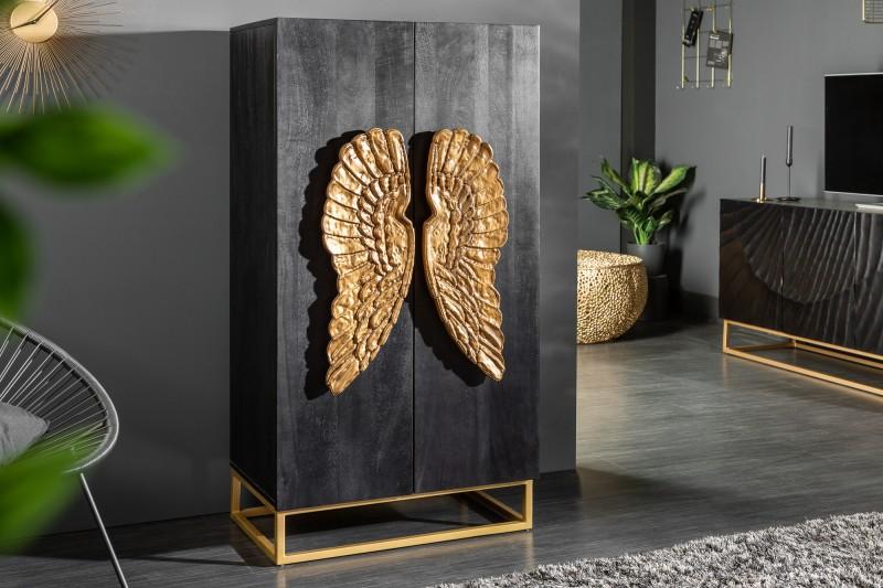 Extravagantná barová skriňa ANGEL 70 cm čierne mangové drevo so zlatými krídlami
