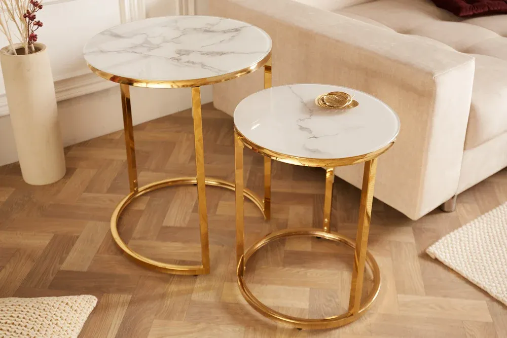 Dizajnová sada 2 príručných stolíkov ELEGANCE 50 cm, mramorový dekor, zlatý