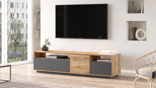 Moderný TV stolík FONDA II 180 cm, MDF, šedý, prírodný