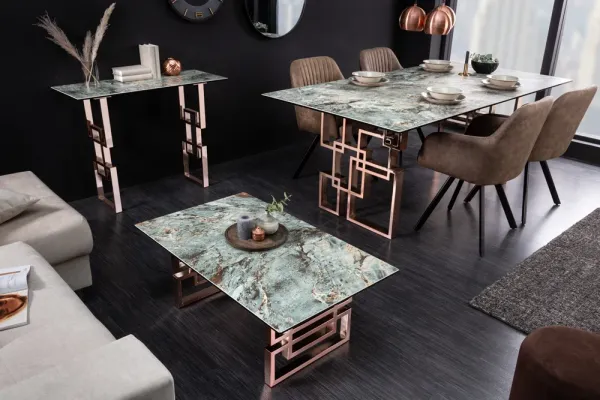 Dizajnový konferenčný stolík ATLANTIS 100 cm, tyrkysová keramika v mramorovom vzhľade