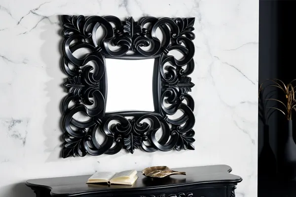 Elegantné nástenné zrkadlo VENICE 75x75 cm čierne v antickom barokovom štýle