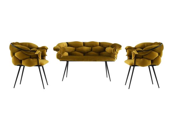 Dizajnová sada lavica + dve stoličky BALON, horčicovo žltá, zamat