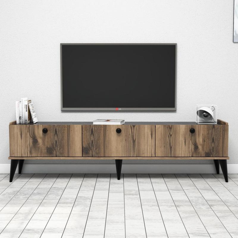 Dizajnový TV stolík LIDYA 180 cm, MDF, orechová dýha, mramor