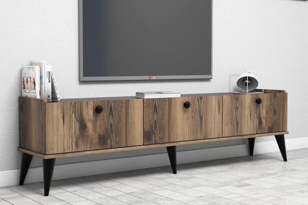 Dizajnový TV stolík LIDYA 180 cm, MDF, orechová dýha, mramor