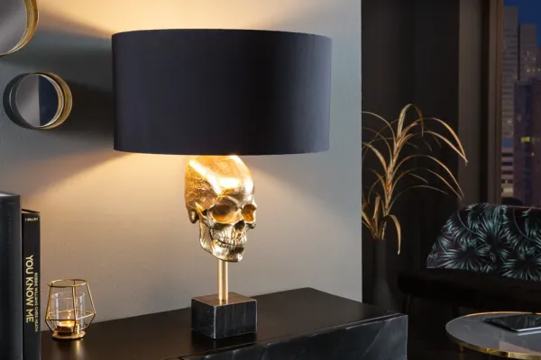 Extravagantná stolová lampa SKULL 56 cm, zlatá, čierna