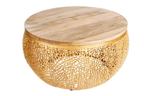 Filigránový konferenčný stolík LEAF 80 cm zlatý, mango