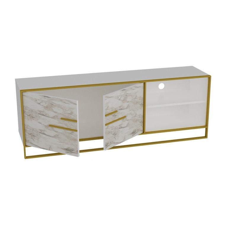 Elegantný TV stolík POLKA 160 cm, biely, zlatý, mramorový vzhľad