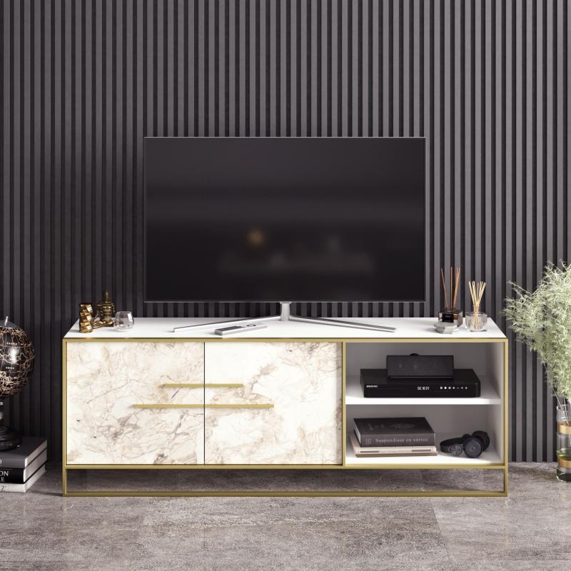Elegantný TV stolík POLKA 160 cm, biely, zlatý, mramorový vzhľad