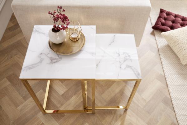 Dizajnová sada 2 príručných stolíkov ELEGANCE 40 cm, mramorový dekor, zlatá
