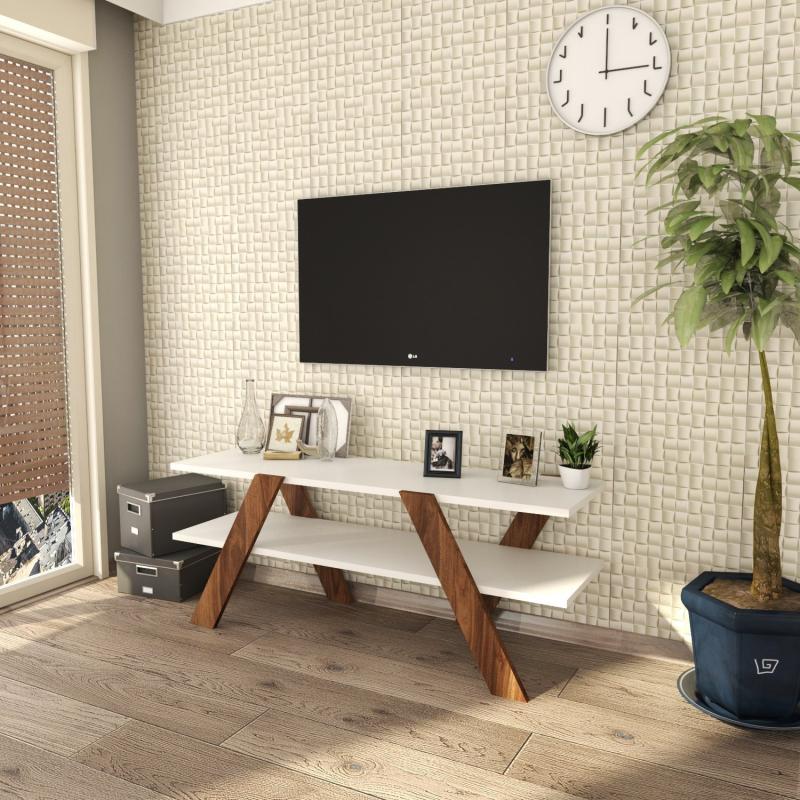 Elegantný TV stolík BASIC 120 cm, MDF, orechová dýha, biely