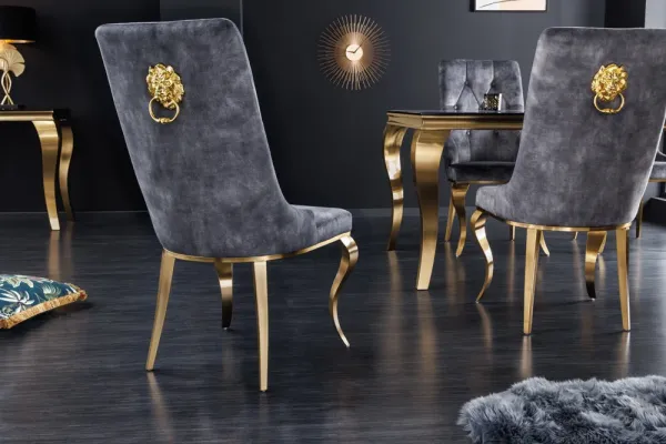 Elegantná stolička MODERN BAROQUE II, šedo zlatá zamat, nerezová oceľ