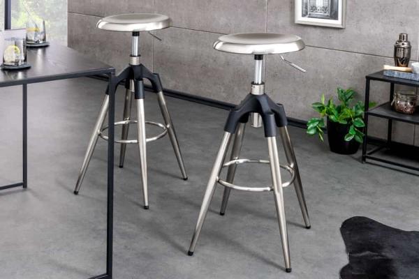 Dizajnová výškovo nastaviteľná otočná barová stolička INDUSTRIAL, strieborná, čierna, kov