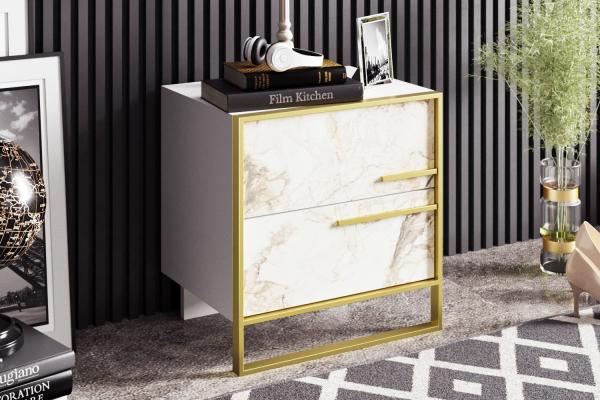 Elegantný nočný stolík POLKA 50 cm, biely, zlatý, mramorový vzhľad