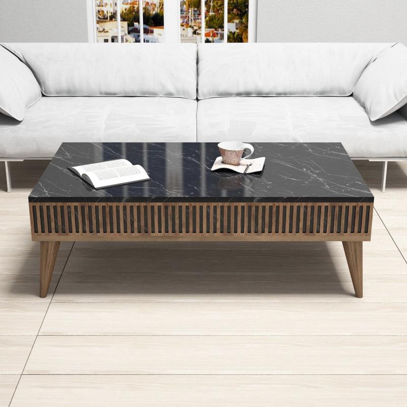 Dizajnový konferenčný stolík MILAN 105 cm, MDF, orechová dýha, mramorový vzhľad