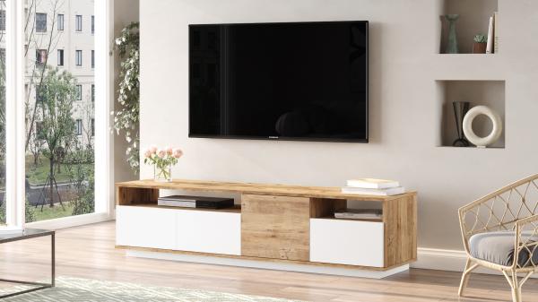 Moderný TV stolík FONDA II 180 cm, MDF, biely, prírodný