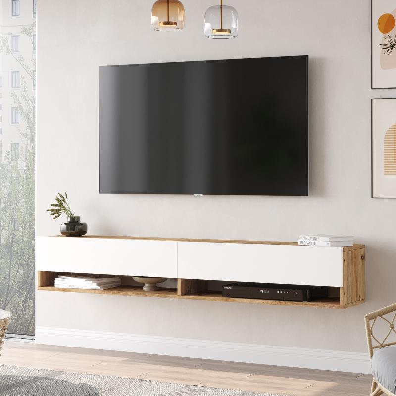 Moderný TV stolík FRAR 180 cm, MDF, prírodný, biely