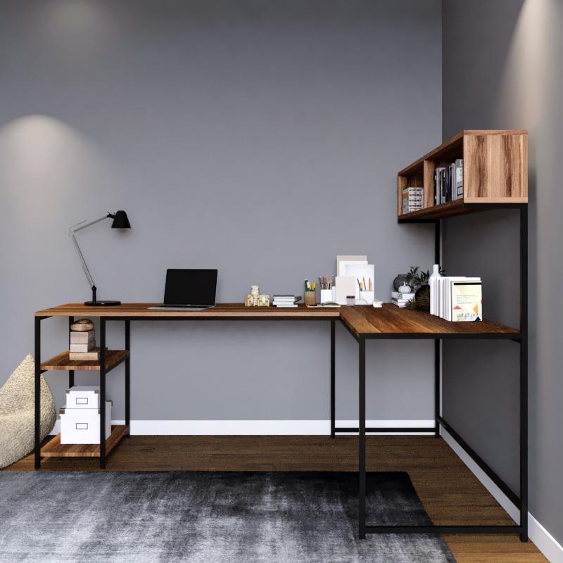 Elegantný rohový pracovný stôl CANCIN 200 cm, MDF, hnedý, čierny