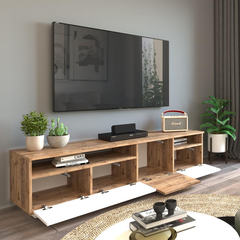 Moderný TV stolík FONDA II 180 cm, MDF, biely, prírodný