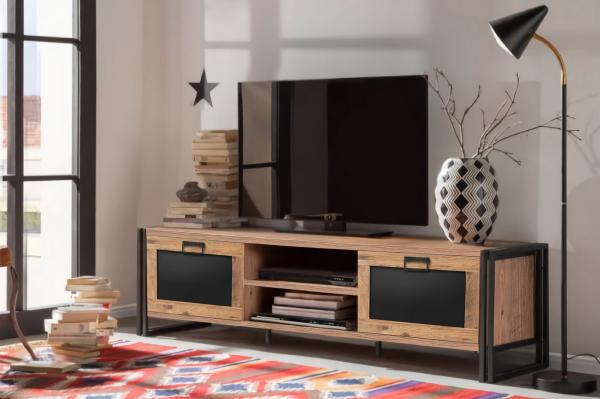 Priemyselný TV stolík ARCAS 180 cm, MDF, borovicová dýha, čierny