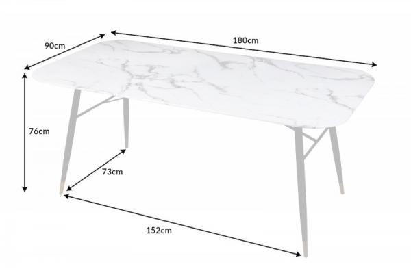 Dizajnový jedálenský stôl PARIS 180 cm sklo, mramorový vzhľad, biely