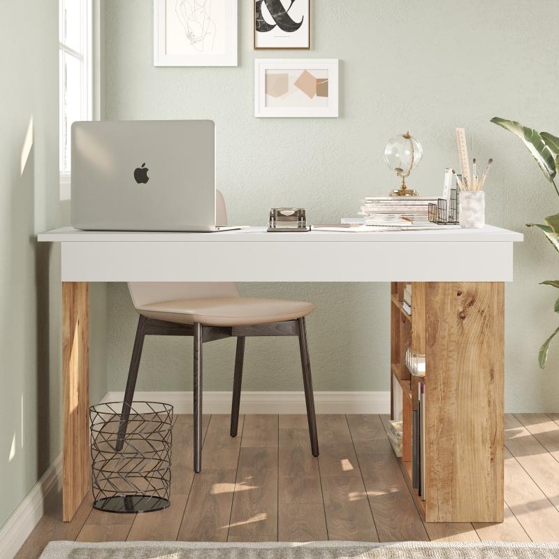 Elegantný pracovný stôl ECK CATAW 129 cm, MDF, biely, hnedý