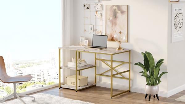 Elegantný pracovný stôl GOLD 120 cm, matná zlatá, biela, mramorový vzhľad