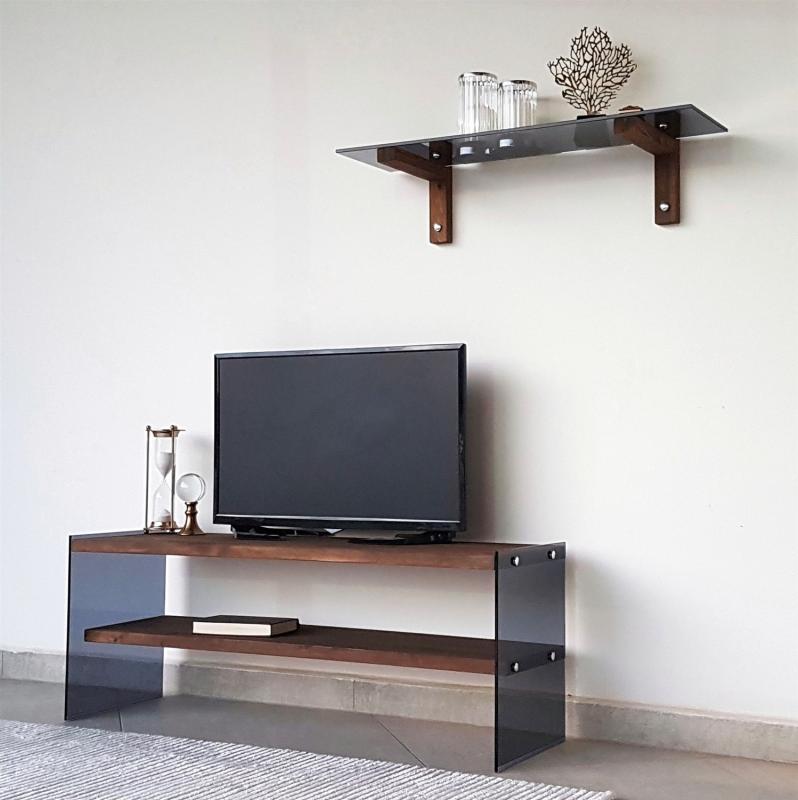 Masívny TV stolík a polica TREE 120 cm, borovica, hnedý, matný