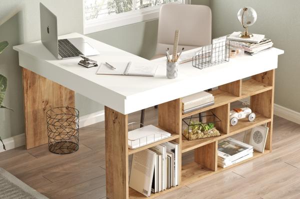 Elegantný pracovný stôl ECK CATAW 129 cm, MDF, biely, hnedý