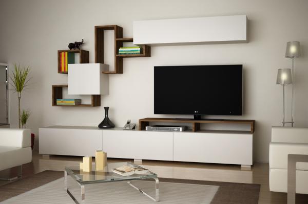 Dizajnová TV zostava ELIT 210 cm, MDF, orechová dýha, biela