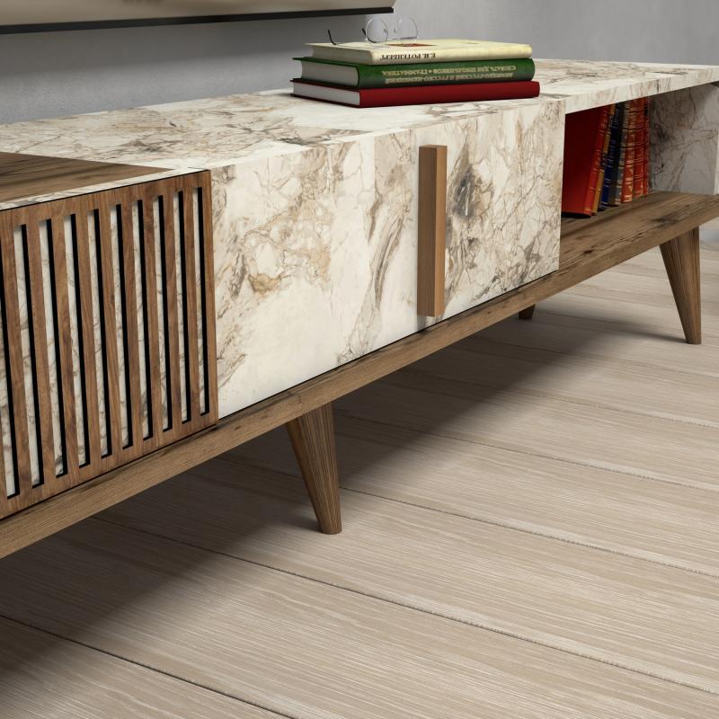Dizajnový TV stolík MILAN 180 cm, MDF, orechová dýha, mramorový vzhľad