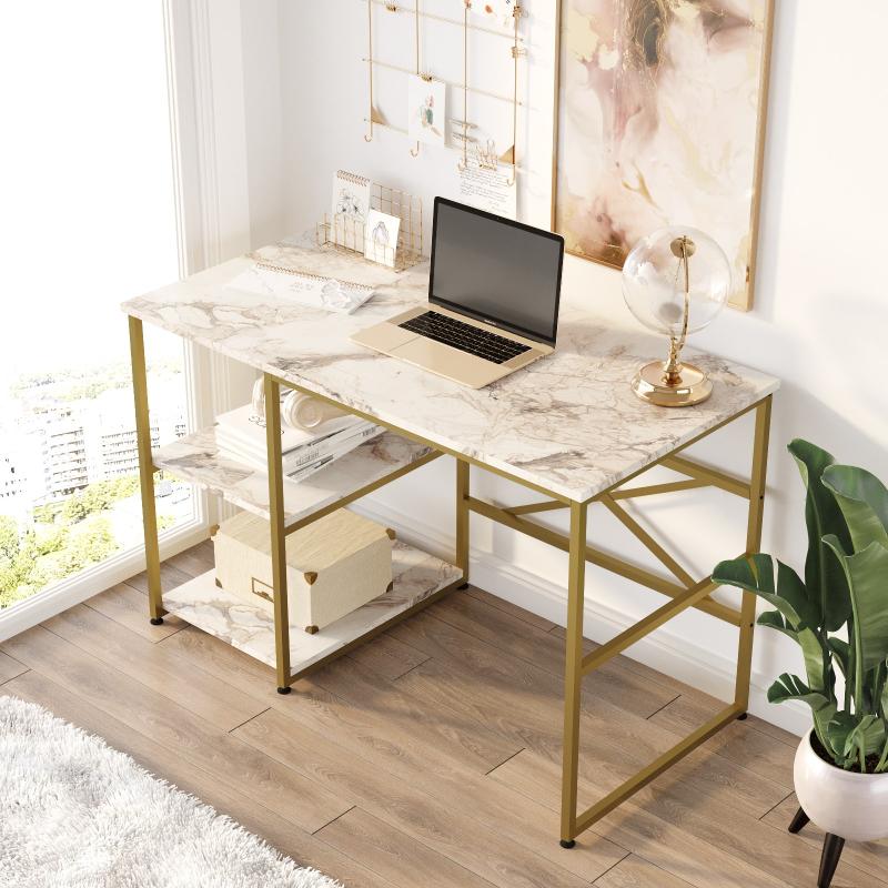 Elegantný pracovný stôl GOLD 120 cm, matná zlatá, biela, mramorový vzhľad