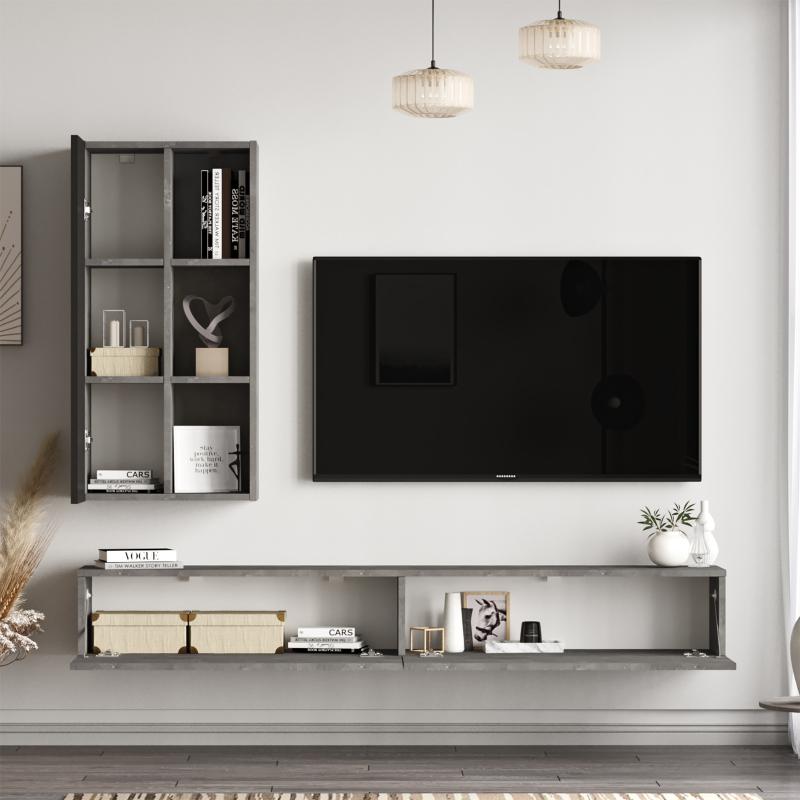 Moderná sada TV stolíka a police LAURA 175 cm, MDF, šedá, čierna