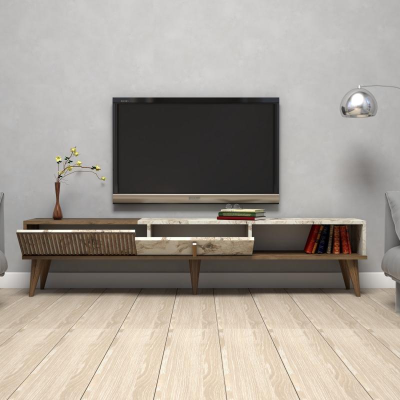 Dizajnový TV stolík MILAN 180 cm, MDF, orechová dýha, mramorový vzhľad