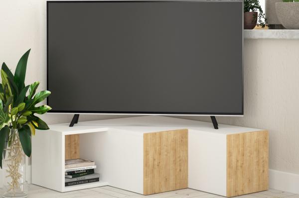 Rohový TV stolík COMPACT 90 cm, MDF, dubová, dýha, biely