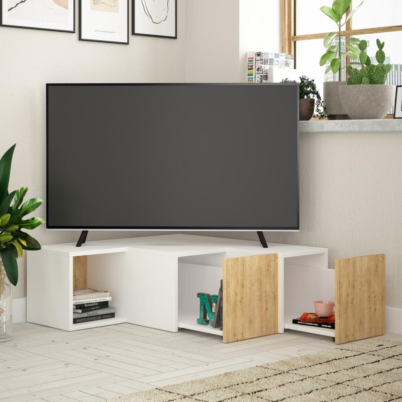 Rohový TV stolík COMPACT 90 cm, MDF, dubová, dýha, biely