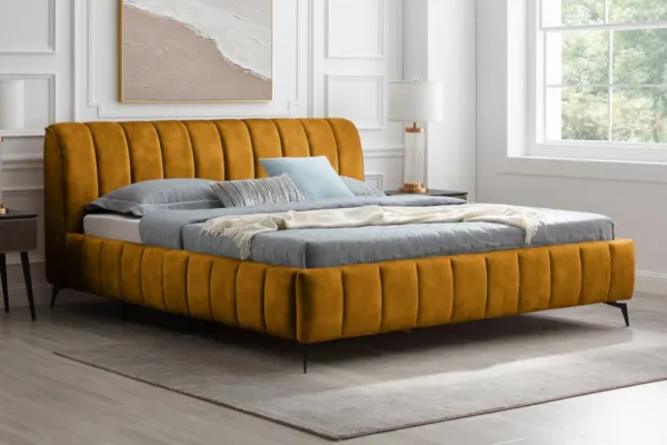 Retro manželská posteľ AMSTERDAM 180x200 cm, horčicovo žltá, zamat