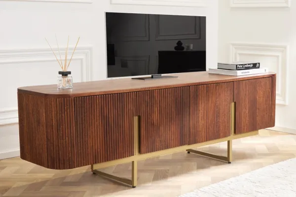 Dizajnový TV stolík GATSBY 160 cm, tmavohnedý, matný zlatý, mango