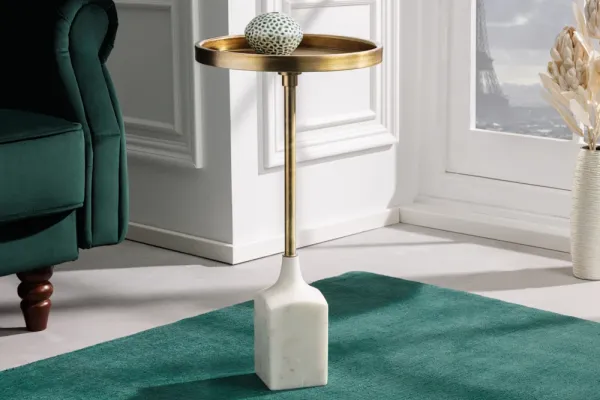 Dizajnový príručný stolík TRAYFUL 60 cm, starožitná zlatá, biela