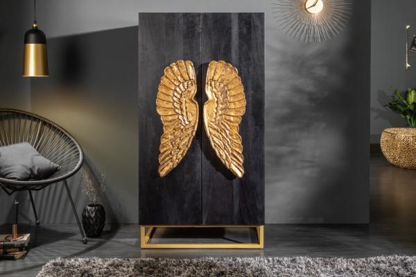 Extravagantná barová skriňa ANGEL 70 cm čierne mangové drevo so zlatými krídlami