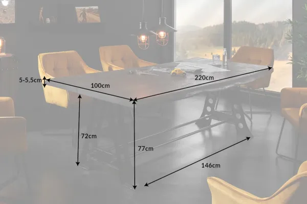 Masívny jedálenský stôl INDUSTRIAL 220 cm akácia, šedá s čiernym kovovým rámom