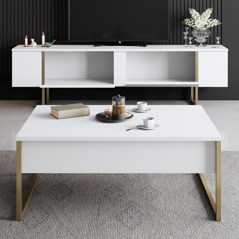 Dizajnový TV stolík LUXE 180 cm, MDF, biely, matný zlatý