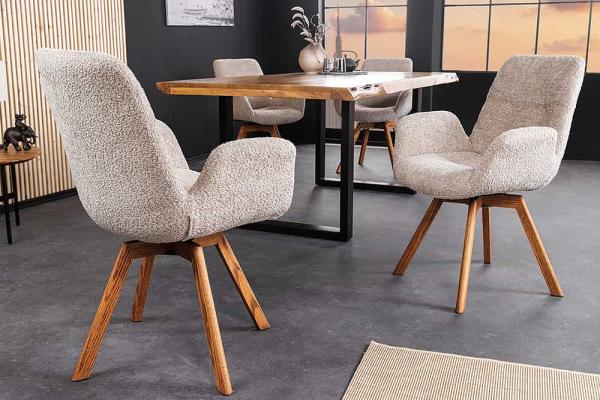 Otočná dizajnová stolička BALTIC, béžová, bouclé, prírodná, dub