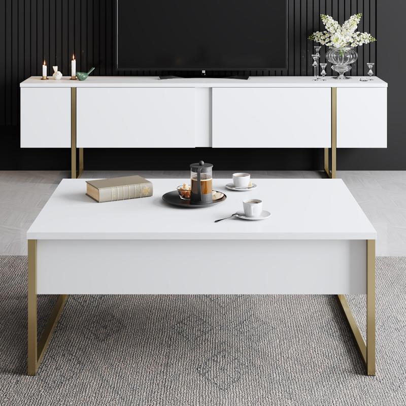 Dizajnový TV stolík LUXE 180 cm, MDF, biely, matný zlatý