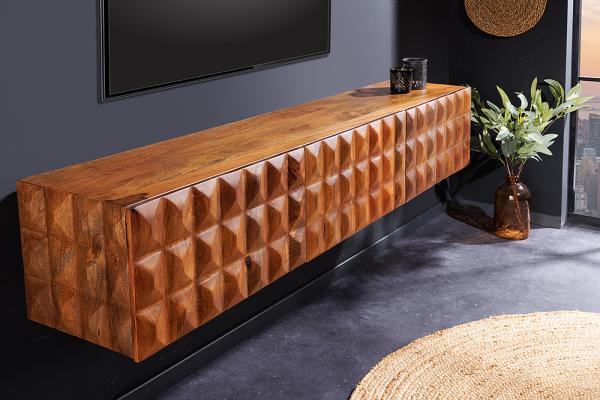 Masívny závesný TV stolík VULCANO 160 cm, mango