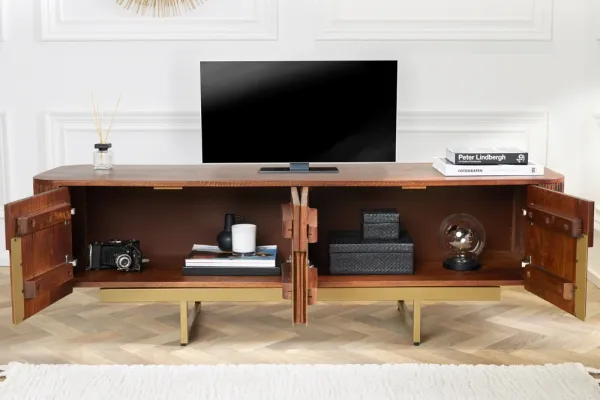 Dizajnový TV stolík GATSBY 160 cm, tmavohnedý, matný zlatý, mango