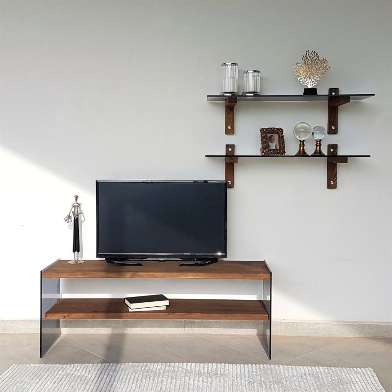 Masívny TV stolík a police TREE II 120 cm, borovica, hnedý, matný